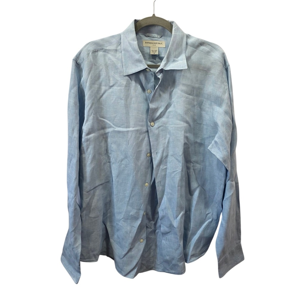 Banana Republic Mens Medium 100% Linen Button Up Shirt Blue Long Sleeve Casual‎